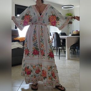FARM Rio White Maxi Dress with Pink & Orange Floral Embroidery